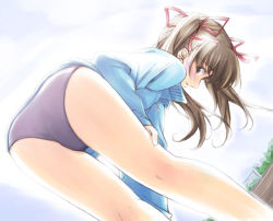 Rule 34 | 1girl, ass, bent over, blush, brown eyes, brown hair, buruma, dutch angle, from behind, gym uniform, looking back, solo, sweater, twintails, you haruka