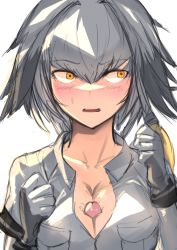 Rule 34 | 10s, 1boy, 1girl, bad id, bad pixiv id, blouse, blush, breasts, cleavage, fixro2n, grey hair, grey shirt, hair between eyes, hetero, kemono friends, large breasts, open mouth, paizuri, paizuri under clothes, penis, shirt, shoebill (kemono friends), simple background, solo focus, uncensored, white background, yellow eyes