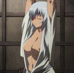Rule 34 | anime screenshot, breasts, closed eyes, dark skin, highres, hyakka ryouran samurai girls, large breasts, long hair, nipple slip, nipples, white hair, yagyuu gisen
