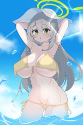 Rule 34 | 1girl, areola slip, arms behind head, bikini, blue archive, blue sky, breasts, cleavage, cleft of venus, green eyes, grey hair, groin, halo, highres, kazahari kazuho, large breasts, light rays, long hair, looking at viewer, navel, nonomi (blue archive), nonomi (swimsuit) (blue archive), open mouth, outdoors, partially submerged, sky, solo, standing, swimsuit, untied bikini, wading, white headwear, yellow bikini