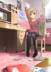 Rule 34 | 1girl, adjusting hair, artist self-reference, bad id, bad pixiv id, bag, bed, bedroom, black pantyhose, blonde hair, book, box, chair, clothes, clothes writing, curtains, desk, doll, english text, frilled skirt, frills, highres, indoors, md5 mismatch, original, panties, pantyhose, poster (object), school bag, shadow, sitting, skirt, smile, solo, striped clothes, striped panties, stuffed animal, stuffed toy, sweater, tying hair, underwear, unworn panties, yellow eyes, yoropa
