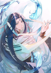 Rule 34 | 1boy, bamboo print, black hair, black sash, black shirt, blue eyes, bracelet, chinese clothes, chuyi flower cake (the tale of food), closed mouth, curtained hair, facial mark, forehead mark, from behind, hand up, hanfu, highres, holding, hydrokinesis, jewelry, long hair, long sleeves, looking at viewer, looking back, male focus, no blindfold, parted bangs, robe, sash, shirt, sidelocks, signature, smile, solo, the tale of food, unworn blindfold, upper body, water, watermark, white robe, wide sleeves, y2swan