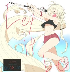 Rule 34 | 1girl, ahoge, blonde hair, bracelet, braid, closed eyes, ia (vocaloid), jewelry, long hair, messy hair, microphone, midriff, navel, open mouth, schnee 1 fez, shorts, solo, song name, standing, standing on one leg, tank top, twin braids, very long hair, vocaloid