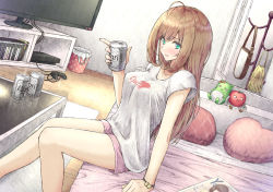 Rule 34 | 1girl, :d, aramachi, bedroom, beer can, blush, bracelet, brown hair, cabinet, can, coffee table, commentary, cowlick, drink can, game console, green eyes, hair down, heart, highres, holding, holding can, idolmaster, idolmaster cinderella girls, indoors, jewelry, long hair, looking at viewer, magazine (object), on bed, open mouth, pillow, pink shorts, playstation 2, room, rug, sato shin, shirt, short sleeves, shorts, sidelocks, sitting, smile, solo, stuffed toy, table, television, trash can, v-neck, white shirt, wooden floor