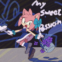 Rule 34 | 1girl, alternate color, amy rose, animal ears, animal nose, ass, bad id, bad pixiv id, bare shoulders, black background, blue bow, blue dress, blue footwear, blue hairband, body fur, boots, bow, bucket, bukiko, dress, english text, female focus, flat chest, flower, from behind, full body, furry, furry female, gloves, green eyes, hair bow, hairband, happy, holding, holding bucket, holding paintbrush, leg up, looking at viewer, looking back, medium hair, open mouth, outstretched arms, paint, paintbrush, panties, pantyshot, pink fur, pink hair, purple flower, short dress, sidelocks, sleeveless, sleeveless dress, smile, solo, sonic (series), standing, standing on one leg, tail, two-tone fur, underwear, upskirt, white gloves, white panties, yellow fur