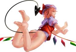 Rule 34 | 1girl, ass, bare legs, barefoot, blonde hair, bottomless, clenched teeth, clopen28, crystal, fang, feet, flandre scarlet, from behind, full body, hat, hat ribbon, laevatein, laevatein (tail), legs up, looking at viewer, looking back, lying, mob cap, nail polish, no panties, on stomach, puffy sleeves, red eyes, red nails, ribbon, sharp teeth, shirt, short hair, short sleeves, simple background, soles, solo, tail, teeth, the pose, toenail polish, toenails, touhou, vest, white background, wings