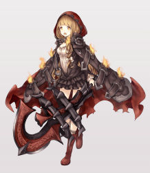 Rule 34 | 1girl, belt, belt buckle, blonde hair, blunt bangs, blush, boots, bow, brown belt, brown dress, buckle, cape, catbell, dress, fire, full body, grey background, hair bow, highres, holding, holding weapon, hood, hood up, hooded cape, knee boots, long hair, long sleeves, looking at viewer, open mouth, red cape, red footwear, red hood, red riding hood (sinoalice), short dress, simple background, sinoalice, solo, spikes, teeth, torn clothes, upper teeth only, walking, wavy hair, weapon, white bow, yellow eyes