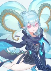 Rule 34 | 1girl, aqua hair, black dress, black scarf, braid, closed mouth, commentary, crown braid, curled horns, dress, fate/grand order, fate/grand order arcade, fate (series), green horns, hair between eyes, highres, horns, larva tiamat (fate), larva tiamat (second ascension) (fate), long hair, long horns, looking at viewer, pantyhose, pink eyes, ribbed dress, scarf, short dress, short eyebrows, sitting, sleeves past fingers, sleeves past wrists, smile, solo, symbol-shaped pupils, thighs, tiamat (fate), twintails, very long hair, vogel, white background, white pantyhose, x-shaped pupils, x x