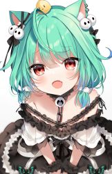 Rule 34 | 1girl, :d, ahoge, animal, animal ear fluff, animal ears, animal on head, bare shoulders, bird, bird on head, black choker, black dress, black ribbon, blue hair, bow, cat ears, cat girl, chick, chocola vt, choker, detached collar, dress, ear piercing, ear ribbon, earrings, extra ears, fang, frilled dress, frilled straps, frills, ghost earrings, gradient hair, green hair, hair ornament, hair ribbon, highres, hololive, jewelry, kemonomimi mode, lace, lace choker, looking at viewer, medium hair, multicolored hair, off-shoulder dress, off shoulder, official alternate costume, on head, open mouth, piercing, red eyes, ribbon, see-through, see-through sleeves, short sleeves, sidelocks, skull collar, skull hair ornament, smile, solo, uruha rushia, uruha rushia (3rd costume), virtual youtuber, white background, wrist cuffs