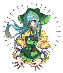 Rule 34 | 1girl, apron, arm ribbon, belt, between fingers, blue hair, bow, brush, closed mouth, dress, flower, gaogaowaan, gradient hair, green apron, green belt, green bow, green headwear, green scarf, haniyasushin keiki, head scarf, highres, holding, jewelry, leaf, long hair, looking to the side, magatama, magatama necklace, multicolored hair, necklace, orange ribbon, pocket, puffy short sleeves, puffy sleeves, purple eyes, purple ribbon, ribbon, scarf, short sleeves, simple background, solo, touhou, upper body, white background, white flower, wide sleeves, yellow dress