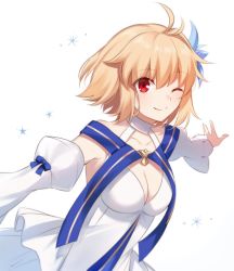 Rule 34 | 1girl, antenna hair, archetype earth, arcueid brunestud, blonde hair, blue flower, blush, breasts, cleavage, closed mouth, collarbone, commentary, detached sleeves, dress, fate/grand order, fate (series), flower, hair between eyes, hair flower, hair ornament, looking at viewer, medium breasts, nemu mohu, official alternate costume, one eye closed, outstretched arms, red eyes, short hair, single hair intake, smile, solo, spread arms, strapless, strapless dress, tsukihime, tsukihime (remake), upper body, white background, white dress, white sleeves