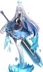 Rule 34 | 1girl, breasts, cleavage, closed mouth, dress, facing viewer, full body, gloves, greatsword, grey eyes, halo, long hair, looking at viewer, looking to the side, meryl (tower of fantasy), official art, solo, sword, tachi-e, tower of fantasy, transparent background, white hair