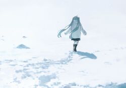 Rule 34 | 1girl, black footwear, black skirt, blue hair, boots, day, facing away, floating hair, footprints, from behind, fur-trimmed boots, fur-trimmed jacket, fur trim, hatsune miku, highres, jacket, konya karasue, long hair, long sleeves, miniskirt, outdoors, outstretched arms, pantyhose, pleated skirt, shadow, skirt, sleeves past wrists, snow, solo, twintails, very long hair, vocaloid, walking, white jacket, white pantyhose