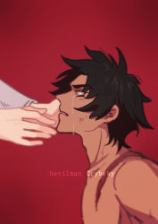 Rule 34 | absurdres, black hair, crying, devilman, devilman crybaby, eyebrows, fudou akira, highres, shirt, topless male, short hair, simple background, tears, white shirt