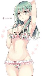 Rule 34 | 10s, 1girl, arm behind back, arm up, armpits, artist name, bare arms, bare legs, bare shoulders, bikini, bow, bow bra, bra, breasts, cleavage, closed mouth, collarbone, cowboy shot, eyebrows, floral print, frilled panties, frills, green eyes, green hair, green nails, hair between eyes, hair ornament, hairclip, hand on breast, hand on own chest, kantai collection, lace, lace-trimmed bra, lace trim, lingerie, long hair, matching hair/eyes, nail polish, navel, panties, pink bow, shijima (sjmr02), shiny skin, simple background, smile, solo, standing, stomach, suzuya (kancolle), swimsuit, thigh gap, tsurime, twitter username, underwear, white background, white bra, white panties