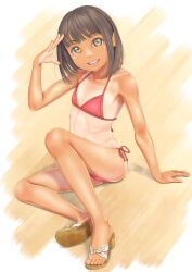 Rule 34 | 1girl, arm support, bikini, brown eyes, brown hair, commentary request, flat chest, highres, looking at viewer, open mouth, original, red bikini, sandals, short hair, side-tie bikini bottom, sitting, smile, solo, swimsuit, tan, tanline, toes, uzuki mei