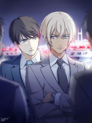 Rule 34 | 4boys, amuro tooru, black neckwear, blonde hair, blue eyes, blue jacket, blue neckwear, blue suit, blurry, brown hair, car, collared shirt, commentary request, crossed arms, dated, depth of field, facial hair, formal, grey jacket, grey suit, hair between eyes, highres, jacket, kouno kb, long sleeves, looking at another, male focus, meitantei conan, motor vehicle, multiple boys, necktie, out of frame, outdoors, parted lips, police, police car, purple eyes, scotch (meitantei conan), serious, shirt, short hair, signature, sky, stubble, suit, upper body, watch, white shirt, wristwatch