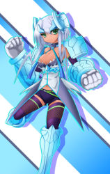 Rule 34 | 10s, ankle boots, boots, breasts, cardfight!! vanguard, cleavage, flash shield iseult, gauntlets, green eyes, hair ornament, horns, jewel knight iseult, looking at viewer, lowres, royal paladin, short shorts, shorts, tan, thighhighs, white hair