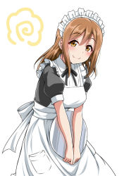 Rule 34 | 10s, 1girl, alternate costume, apron, black ribbon, blush, brown eyes, brown hair, commentary request, enmaided, frilled apron, frills, holding, holding tray, kunikida hanamaru, leaning forward, long hair, looking at viewer, love live!, love live! sunshine!!, maid, maid apron, maid headdress, neck ribbon, ribbon, short sleeves, simple background, smile, solo, tray, white background, yopparai oni