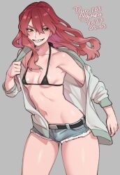 Rule 34 | 1girl, agawa ryou, bikini, bikini top only, breasts, commentary, cowboy shot, dated, english commentary, gradient hair, jacket, long hair, micro bikini, multicolored hair, navel, off shoulder, open clothes, open jacket, original, pink hair, sharp teeth, short shorts, shorts, signature, simple background, small breasts, smile, solo, swimsuit, teeth