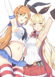 Rule 34 | &gt;:o, 2girls, :d, :o, armpits, black panties, blonde hair, blush, breasts, cape, clarisse (granblue fantasy), commentary, cosplay, costume switch, elbow gloves, gloves, granblue fantasy, green eyes, hair ribbon, highleg, highleg panties, highres, kantai collection, kauru00, long hair, looking at viewer, medium breasts, microskirt, multiple girls, navel, neckerchief, open mouth, orange hair, panties, pleated skirt, ribbon, sailor collar, sakura ayane, shimakaze (kancolle), sideboob, simple background, skirt, small breasts, smile, stomach, striped clothes, striped thighhighs, thighhighs, underwear, v-shaped eyebrows, voice actor connection, white background, yellow eyes