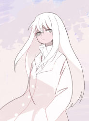 Rule 34 | 1girl, artist request, aya (hallucigenia), coat, expressionless, hallucigenia (game), hands in pockets, long hair, looking away, solo, sweater, very long hair, white eyes, white hair, white theme