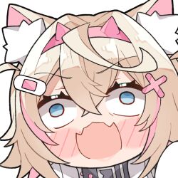 Rule 34 | 1girl, animal ear fluff, animal ears, bandaid, bandaid hair ornament, black collar, blonde hair, blue eyes, blush, collar, dog ears, dog girl, fangs, hair ornament, headphones, headphones around neck, highres, hololive, hololive english, kukie-nyan, looking at viewer, mococo abyssgard, multicolored hair, pink hair, skin fangs, solo, spiked collar, spikes, streaked hair, virtual youtuber, white background, x hair ornament