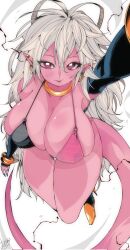 Rule 34 | 1girl, android, android 21, arc system works, armpits, bare shoulders, bikini, breasts, cleavage, collarbone, colored skin, covered erect nipples, dragon ball, dragon ball fighterz, ear piercing, earrings, elbow gloves, female focus, gloves, gold bracelet, gold earrings, hair between eyes, heels, highres, hoop earrings, huge breasts, jewelry, kinakomochi (user vedc2333), long hair, looking at viewer, majin android 21, multicolored bikini, multicolored clothes, piercing, pink eyes, pink skin, pink tail, pointy ears, signature, smile, solo, swimsuit, tail, thick thighs, thighs, tongue, tongue out, very long hair, white hair