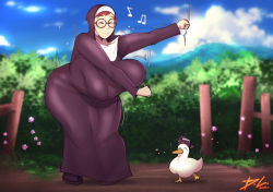 Rule 34 | 1girl, animal, bird, breasts, dancing, glasses, goose, huge breasts, nun, solo