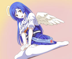 Rule 34 | 1girl, :d, angel wings, blue hair, blue sash, blue skirt, blush, brown eyes, copyright request, dutch angle, hakama, hakama short skirt, hakama skirt, halo, ishii hisao, japanese clothes, long hair, looking at viewer, obi, open mouth, pink background, puffy short sleeves, puffy sleeves, sash, short sleeves, sitting, skirt, smile, solo, thighhighs, virtual youtuber, wariza, white thighhighs, wings