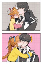 Rule 34 | 1boy, 1girl, ace attorney, athena cykes, black eyes, black hair, black jacket, black necktie, blue eyes, blue hairband, blue ribbon, blush, collared shirt, crescent, crescent earrings, earrings, grey background, hair ribbon, hairband, haori, hetero, highres, hug, jacket, japanese clothes, jewelry, kiss, kissing cheek, kissing forehead, long hair, long sleeves, low ponytail, multicolored hair, necktie, orange hair, phoenix wright: ace attorney - dual destinies, pink background, ponytail, profile, ribbon, salted whale, shirt, side ponytail, simon blackquill, tearing up, two-tone hair, upper body, white hair, white shirt, yellow jacket, yellow shirt