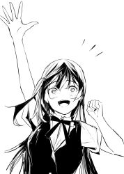Rule 34 | 1girl, arm up, blush, clenched hand, collared shirt, commentary request, greyscale, hand up, highres, long hair, looking at viewer, love live!, love live! nijigasaki high school idol club, monochrome, neck ribbon, nijigasaki school uniform, one side up, open mouth, ribbon, school uniform, shirt, short sleeves, solo, summer uniform, tommer, upper body, vest, white background, yuki setsuna (love live!)