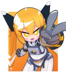 Rule 34 | 1girl, :d, arm up, blonde hair, fang, gloves, grey gloves, hair between eyes, highres, ine 2, jacket, long hair, long sleeves, looking at viewer, open mouth, orange background, orange eyes, original, pants, short eyebrows, sleeves past wrists, smile, solo, thick eyebrows, twintails, two-tone background, v, very long hair, white background, white jacket, white pants