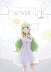 Rule 34 | 1girl, absurdres, ahoge, album cover, arm behind back, bare arms, blue eyes, bow, camisole, closed mouth, commentary request, cover, dress, english text, eyelashes, feet out of frame, floral background, flower, green hair, grid background, hair bow, hairband, highres, holding, holding flower, idolmaster, idolmaster million live!, light blush, long hair, looking at viewer, medium dress, pink lips, see-through, see-through dress, shimabara elena, sleeveless, sleeveless dress, smile, solo, spaghetti strap, straight-on, sunflower, wavy hair, white background, white bow, white camisole, white dress, white hairband, witoi (roa)