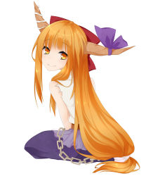 Rule 34 | 1girl, absurdres, bad id, bad pixiv id, blonde hair, bow, chain, hair bow, highres, horn bow, horn ornament, horns, ibuki suika, long hair, looking back, low-tied long hair, solo, torn clothes, torn sleeves, touhou, very long hair, white background, yami nabe, yellow eyes
