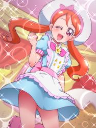 Rule 34 | 10s, 1girl, ;d, apron, blue dress, blush, bow, clenched hand, dress, from below, happy, hat, hat bow, kirakira precure a la mode, long hair, looking at viewer, one eye closed, open mouth, orange hair, pink bow, precure, red eyes, smile, solo, sparkle, tj-type1, twintails, usami ichika, white apron, white hat