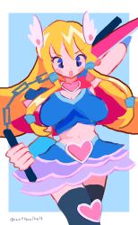 Rule 34 | 1girl, :o, absurdres, arm up, black thighhighs, blonde hair, blue background, blue eyes, blue shirt, blue skirt, bobobo-bo bo-bobo, border, breasts, capelet, chain, cleavage, commentary request, cowboy shot, denbo, heart, highres, holding, holding nunchaku, holding weapon, large breasts, layered skirt, long hair, looking at viewer, low-tied sidelocks, midriff, noniha, nunchaku, open mouth, red capelet, shirt, skirt, solo, standing, thighhighs, twitter username, very long hair, weapon, white border, wing hair ornament