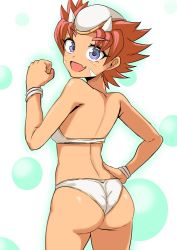 Rule 34 | 1girl, ass, breasts, commentary request, cougar (cougar1404), facial mark, fang, fuurai no shiren, kirara (fuurai no shiren), looking at viewer, medium breasts, open mouth, pink hair, purple eyes, short hair, simple background, smile, solo, swimsuit, tomboy, wedgie