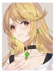Rule 34 | 1girl, absurdres, alternate costume, blonde hair, collarbone, earrings, focused, highres, jewelry, kray. (k-ray), mythra (xenoblade), necklace, smile, solo, xenoblade chronicles (series), xenoblade chronicles 2, yellow eyes