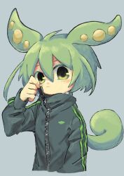Rule 34 | 1girl, :&lt;, cropped torso, green eyes, green hair, green jacket, grey background, hair between eyes, hand up, high collar, highres, jacket, kokage uyuri, light blush, long hair, long sleeves, looking at viewer, low ponytail, pea pod, personification, simple background, solo, track jacket, upper body, voiceroid, voicevox, zipper pull tab, zipping, zundamon