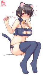 Rule 34 | 1girl, alternate costume, animal ears, artist logo, bell, black bra, black hair, black panties, black thighhighs, blush, bra, cat cutout, cat ear panties, cat ears, cat lingerie, cat tail, choker, cleavage cutout, clothing cutout, commentary request, dated, frilled bra, frills, full body, highres, jingei (kancolle), jingle bell, kanon (kurogane knights), kantai collection, long hair, looking at viewer, meme attire, neck bell, nose blush, panties, pregnancy test, red eyes, side-tie panties, simple background, sitting, solo, tail, thighhighs, underwear, underwear only, white background