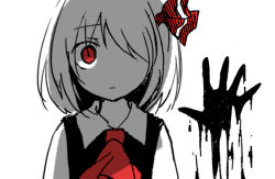 Rule 34 | 1girl, ascot, black vest, closed mouth, fourth wall, hair ribbon, handprint, hinase kaguya, looking at viewer, medium hair, monochrome, one-hour drawing challenge, red ascot, red eyes, red ribbon, ribbon, rumia, shirt, simple background, solo, touhou, upper body, vest, white background, white shirt