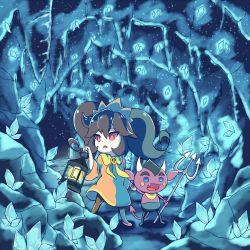 Rule 34 | 1boy, 1girl, ashley (warioware), black hair, black pantyhose, blue eyes, blush stickers, cave, crystal, demon horns, demon tail, dress, eyebrows, fang, glowing, glowing crystal, hair between eyes, hairband, highres, holding, holding hands, holding lantern, holding trident, horns, lantern, long hair, long sleeves, matchamassa, nintendo, open mouth, orange hairband, orange neckwear, pantyhose, polearm, red (warioware), red dress, red eyes, red footwear, sidelocks, size difference, stalactite, standing, tail, thick eyebrows, trident, twintails, warioware, weapon, wide sleeves