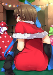 Rule 34 | 1boy, ass, ass focus, bad id, bad pixiv id, blush, brown hair, capelet, christmas, crossdressing, embarrassed, feet, foot focus, from behind, hair ribbon, indoors, little busters!, looking back, male focus, masayu, naoe riki, open mouth, pantyhose, ribbon, santa costume, short hair, solo, trap