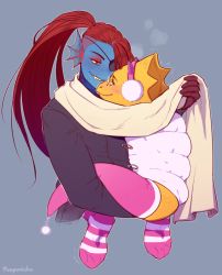 Rule 34 | 2girls, ^ ^, alphys, artist name, blue skin, blush, carrying, closed eyes, colored skin, couple, earmuffs, eyepatch, eyeshadow, fang, fins, freckles, gills, glasses, gloves, grey background, head fins, head tilt, jacket, light smile, makeup, monster girl, multiple girls, parted lips, pince-nez, ponytail, punpunichu, red hair, scarf, shared clothes, shared scarf, simple background, smile, socks, tail, tail sock, teeth, undertale, undyne, upper body, winter clothes, yellow skin, yuri