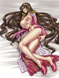 Rule 34 | 1girl, amazon warrior, blue eyes, boa hancock, breasts, brown hair, cape, center opening, dress, earrings, epaulettes, highres, jewelry, large breasts, long hair, long sleeves, looking at viewer, lying, midriff, navel, nipples, one piece, shiny skin, side slit, snake earrings, solo, trickster (death combo), very long hair