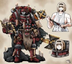 Rule 34 | 1girl, abs, adeptus astartes, armor, blonde hair, bob cut, book, breasts, candle, chaos (warhammer), chaos space marine, demon, explosive, facial tattoo, flanged mace, grenade, hairband, helmet, highres, large breasts, looking at viewer, mace, muscular, muscular female, octosoup, orange eyes, pauldrons, pouch, power armor, reading, scroll, short hair, shoulder armor, sideboob, solo, sparkle, spiked mace, spikes, tank top, tattoo, thigh pouch, warhammer 40k, weapon, word bearers