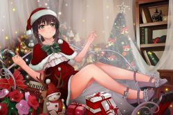 Rule 34 | 1girl, alternate costume, ariel (user kear2553), black hair, candy, candy cane, capelet, chinese commentary, christmas tree, commentary request, curtains, dress, food, fubuki (kancolle), fur-trimmed capelet, fur-trimmed dress, fur-trimmed headwear, fur trim, gift, green eyes, hat, highres, instrument, kantai collection, keyboard (instrument), long hair, low ponytail, ponytail, red capelet, red dress, santa hat, shelf, short ponytail, sidelocks, sitting, smile, snowman, solo