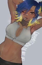 Rule 34 | 1girl, absurdres, armpits, arms behind head, arms up, artist name, black pants, blonde hair, blue hair, blush, breasts, brown eyes, candy, cleavage, cone hair bun, dark-skinned female, dark skin, feiyuu, food, from above, grey background, hair bun, highres, hip bones, lollipop, looking at viewer, looking up, medium breasts, mouth hold, multicolored hair, navel, neon (valorant), one eye closed, pants, signature, simple background, solo, sports bra, steam, sweat, twitter username, two-tone hair, unzipped, upper body, valorant, white sports bra