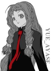 Rule 34 | 00s, 1girl, ahoge, artist request, ayase yue, bell, braid, hair ornament, haruka shiya, long hair, long sleeves, looking at viewer, mahou sensei negima!, monochrome, necktie, red necktie, sidelocks, simple background, solo, spot color, twin braids, wavy hair, white background